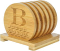 Personalized Bamboo Coasters - Custom Engraved Monogram Coasters with Holder, Great Gifts (Set of 6)