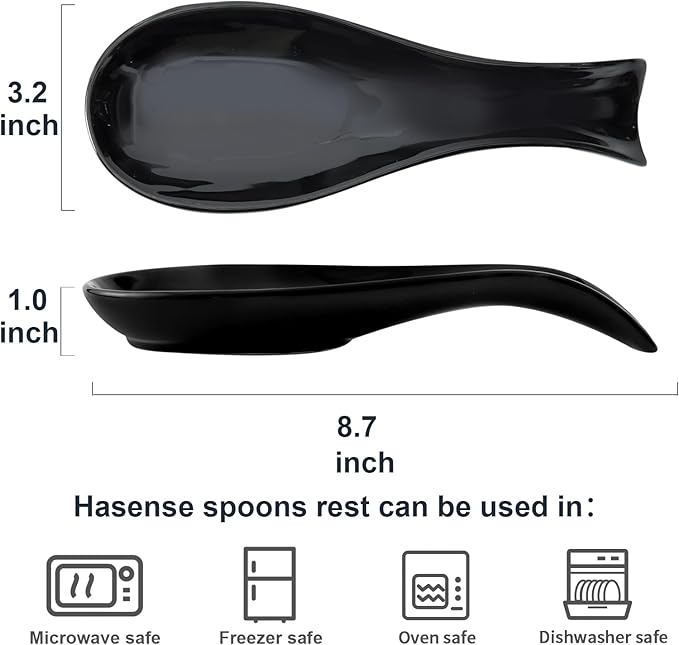 Ceramic Spoon Rest for Stove Top,Large 8.7 Inch Spoon Holder for Kitchen Counter,Porcelain Utensil Rest for Thankgiving and Christmas Gift,Dishwasher Safe and Heat-Resistant,Black(2 PC)