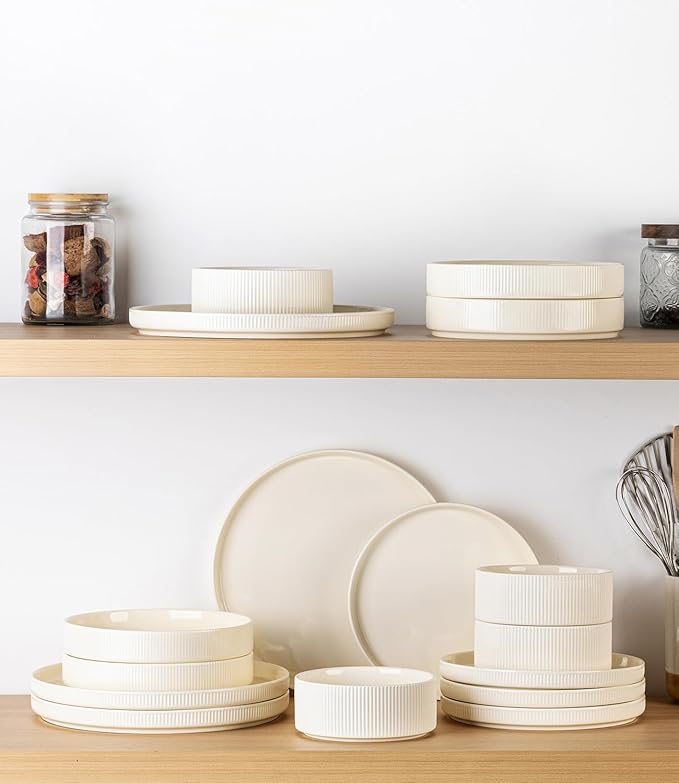 TheTerra Ceramic Dinnerware Sets for 4, 12 Pieces Porcelain Lightweight Plates and Bowls Sets, Scratch Resistant Dish Set, Oven & Microwave & Dishwasher Safe, Beige