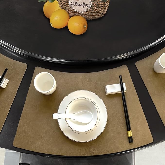 Leather Round Table Washable Placemats, Thick Faux Leather Heat Resistant Wedge Table Placemat, Waterproof Non-Slip Easy to Clean Place mat for Kitchen Coffee Dining Room Table Set of 6