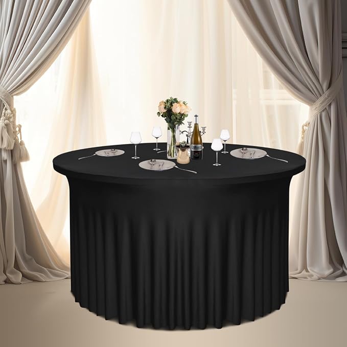 4 Pack Black Round Table Skirt, 48 Inch Diameter x 30 Inch Height, Stretch Polyester Spandex Tablecloth for 4ft Tables, Stain & Wrinkle Resistant for Wedding, Party, Banquet Decor