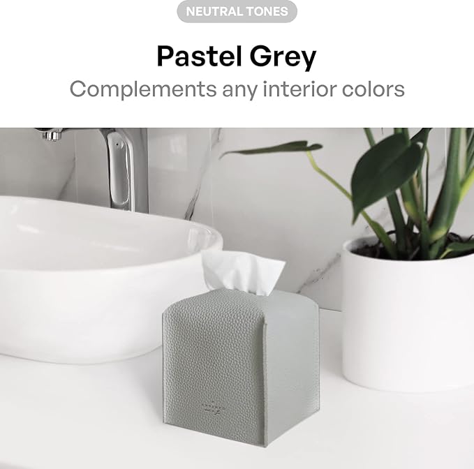 Carrotez Tissue Box Cover, [Refined] Modern PU Leather Square Tissue Box Holder - Decorative Organizer for Bathroom Vanity Countertop, Night Stands, Office Desk & Car 5"X5"X5" - Pastel Grey