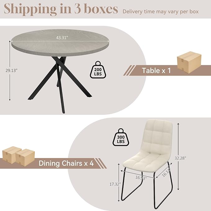 44" Round Dining Table with Cozy Chair Set for 4, Modern Mid-Century Dining Table Set of 4, Dinette Sets with Metal Leg for Kitchen Dining Room Apartment(Gray Table + Beige Chairs)