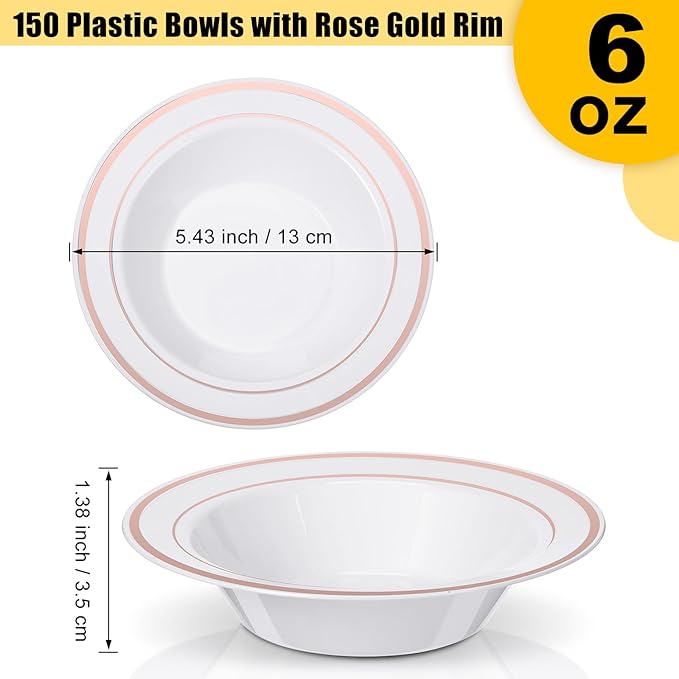 Jinei 150 Pieces 6 oz Plastic Bowls with Rim Small Disposable Soup Bowls for Dessert Salad Soup Candy Wedding Thanksgiving Catering Holidays Party Supplies (White,Rose Gold Rim)