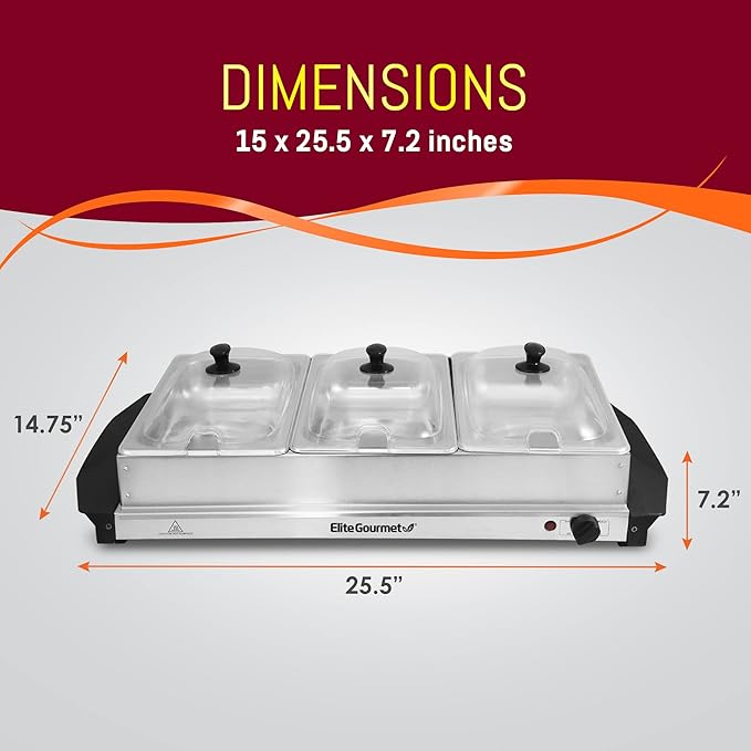 Elite Gourmet EWM-6171 Triple 3 x 2.5 Qt. Trays, Buffet Server, Food Warmer Temperature Control, Clear Slotted Lids, Perfect for Parties, Entertaining & Holidays, 7.5 Qt Total, Stainless Steel