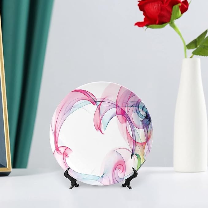 Decorative Plates, Abstract Decor Print Ornament, Colorful Smock Artwork Futuristic Decor, 10 Inch, 1 Plate with 1 Display Stand, Multy
