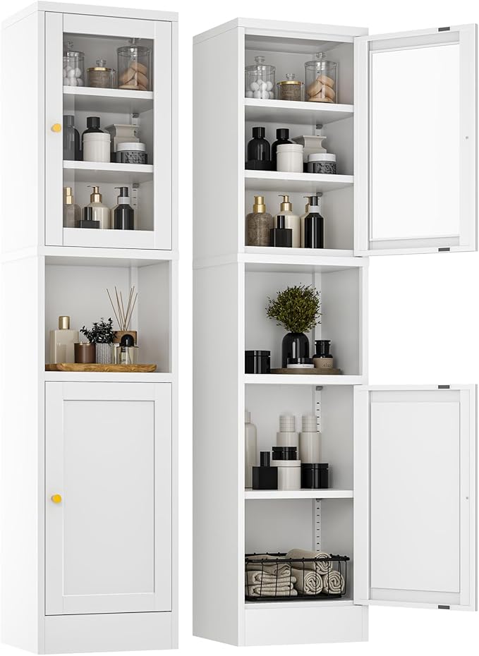 Metal Storage Cabinet with Glass Door, Tall Slim Pantry Organizer with 3 Adjustable Shelves (120LBS/Shelf), Anti-Tipping Waterproof Cabinet for Kitchen/Home Office/Small Spaces,(1PC,White)