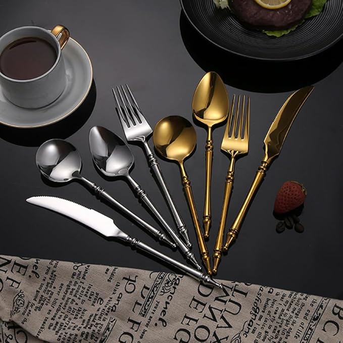 Gold Silverware Set for 10 Premium 18/10 Stainless Steel Flatware Set 40 Piece Include Knives Forks and Spoons Cutlery Utensils Light Luxury Vintage Style for Home Kitchen Christmas Restaurant