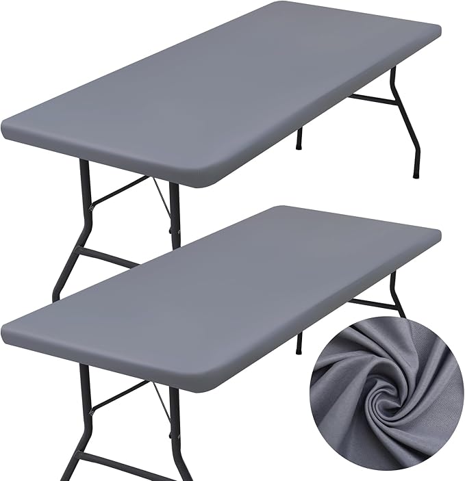 homing 2 Pack Rectangle Table Cloth, Elastic Fitted Fabric Tablecloth Fits for 5 Foot Folding Tables, Washable Table Cover for Picnic, Camping, Indoor & Outdoor (Grey, 30" x 60")