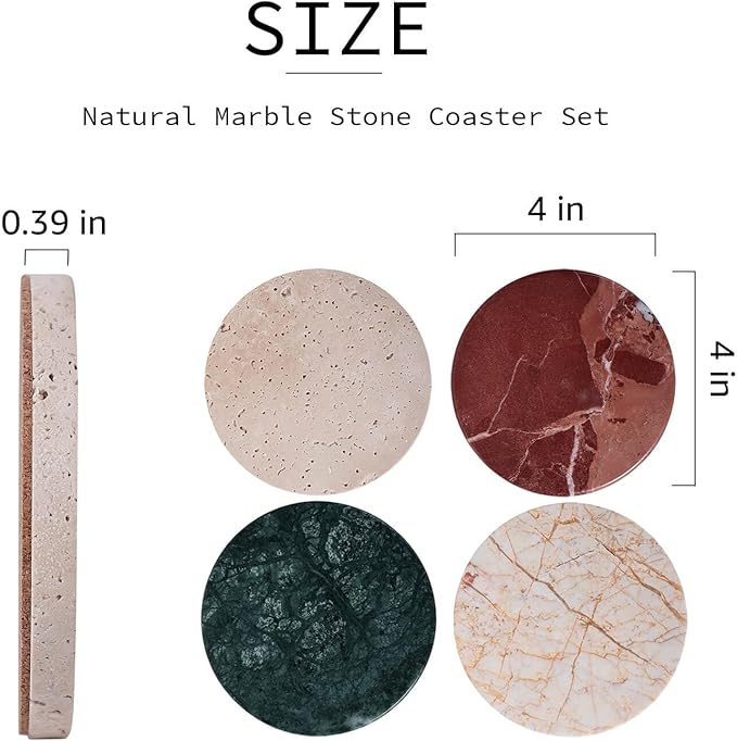 Natural Travertine Marble Coaster Set of 4-4 Inch Round Handmade Stone Drink Coasters, Absorbent & Non-Slip Cork Backing