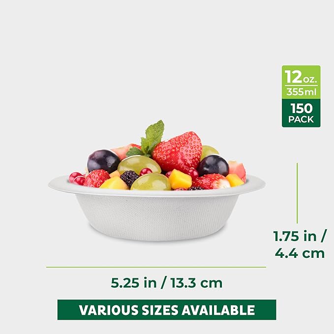 Freshware Paper Bowls - Disposable Soup Bowl, Biodegradable Sugarcane Fiber Serving Bowls - Heavy Duty Bagasse for Hot Food Plates - Microwave & Freezer Safe, Stackable Dinnerware - 150-Pack, 12 oz.