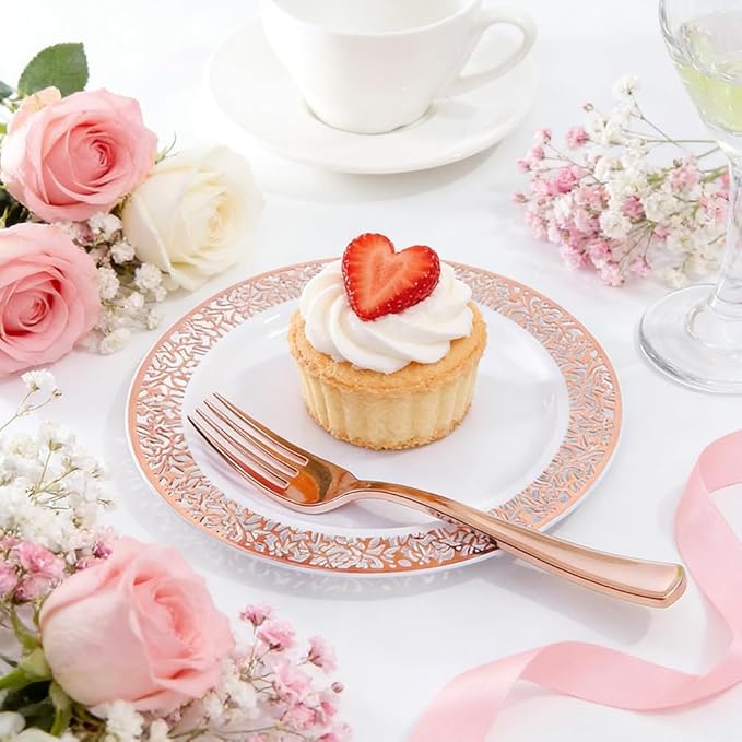 WDF 200 Pieces Rose Gold Dessert Plates with Forks, 100Pcs Lace Design Cake Small Rose Gold Appetizer Plates 7.5" and 100 Pcs Forks 7.4" for Wedding/Party
