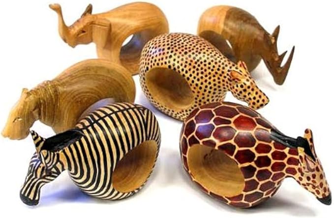 Mahogany Wood Animal Napkin Rings - Set of Six