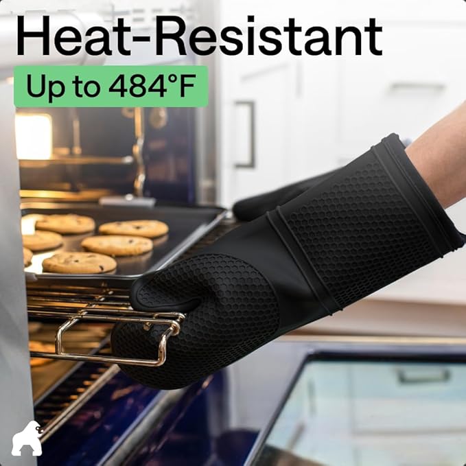GORILLA GRIP BPA-Free Soft Silicone Oven Mitts, Heat Resistant and Waterproof Cooking Safety Gloves, Thick Cotton Lining, Flexible Gripping, Kitchen Potholders Set, for Grilling, BBQ, 12.5x8.3, Black