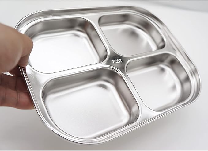 Korean Stainless Steel Divided Plates for Toddlers, Kids, Babies, Premium 304, Electro-Polished, No Black Residue, BPA-Free, 4-Compartment Food Tray, Camping, Balanced Meals, Set of 2