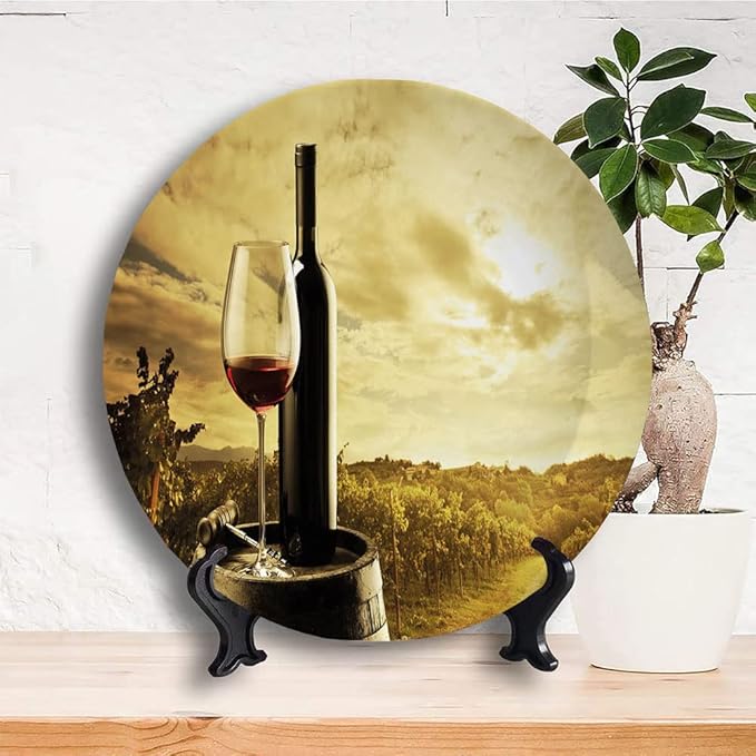 Ceramic Plates, Wine Decorative Ceramic Plates, Red Wine Bottle and Glass on Wooden Barrel, 6 Inch, Household Plates Decorative, Light Coffee Green Black