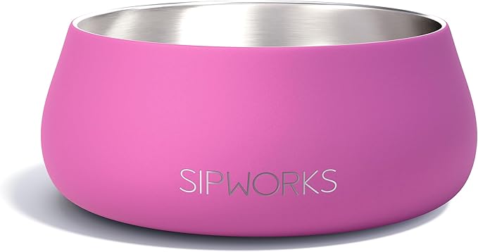 Sipworks Stainless Steel Dog Bowl – 32oz Weighted Metal Food and Water Bowls for Dogs and Cats with Non-Slip Base - Pet Bowls for All Breeds Sizes for Travel & Outdoor Play | Hot Pink