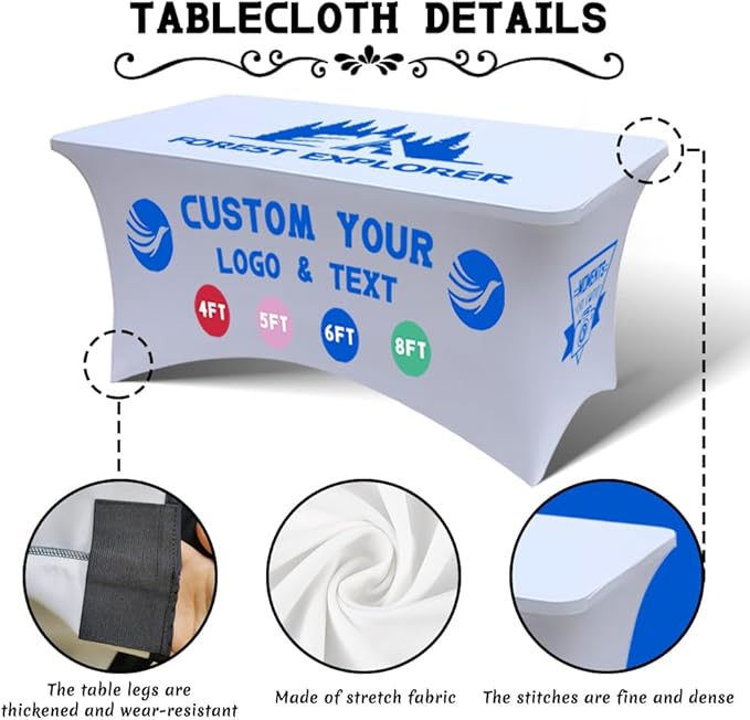 Personalized Table Cloth with Logo Image Customized Tablecloth 4FT/5FT/6FT/8FT Spandex Customized Table Cover Promotional Business Tradeshow Events Birthday Party Wedding (8FT Spandex(Open back))
