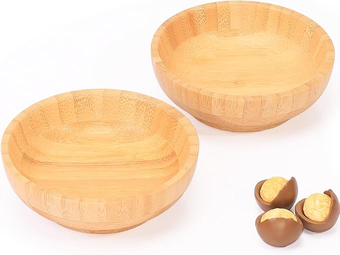 Bamboo Snack Bowls, Small Low Serving Bowls for Charcuterie/Fruit/Candy, 3.4 oz Handmade Dipping Bowl for Spice/Salsa/Tomato Sauce, Farmhouse Wooden Ramekins for Kitchen Set of 2