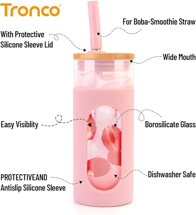 Tronco 20oz Glass Tumbler with Bamboo Lid and Straw, Reusable Iced Coffee Cup for Boba Tea, Smoothies & Cold Drinks, Spill-Proof Glass Cup with Silicone Sleeve, Dishwasher Safe, BPA-Free