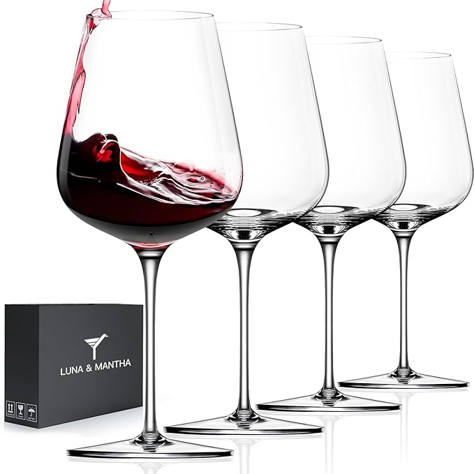 LUNA & MANTHA Red Wine Glasses Set of 4, Crystal Wine Glasses with Stem, Hand Blown 17oz, Perfect for Red White Gift Packaging for Daily Use, Father's Day, Wedding, Birthday