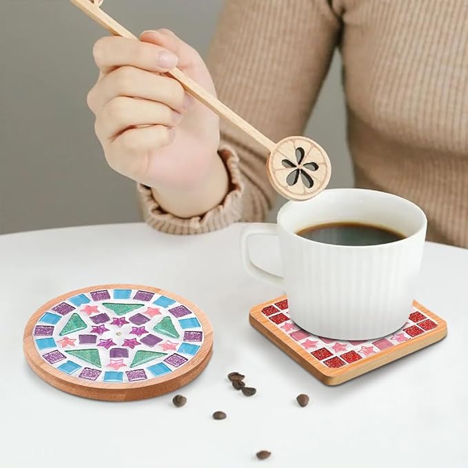 Adboros 10 Sets DIY Glass Mosaic Tiles for Crafts Mixed Color Mosaic Kits with Wooden Coaster for Adults Bamboo Coaster for Drinks Tray Handmade Home Decoration