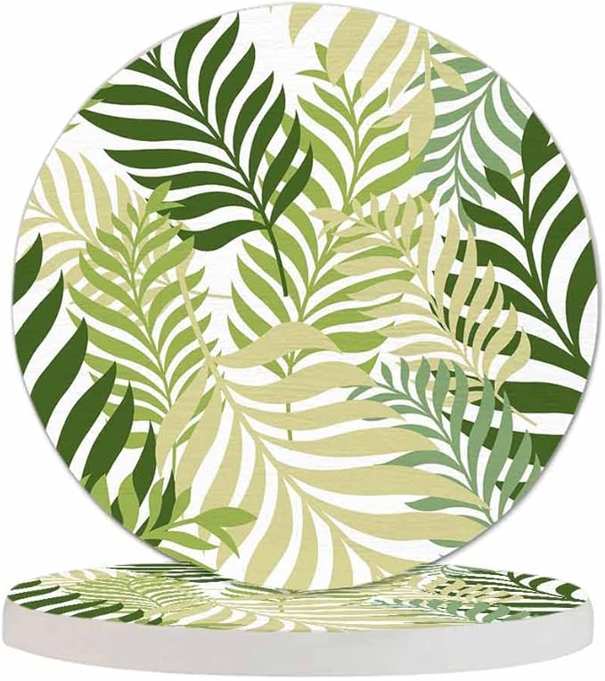 Green Palm Tree Leaves Coaster for Drinks Individual Tropical Summer Floral Leaf Nature Organic Plant Presents for Housewarming Birthday and Family 100% Diatomite 4''X 4'',2 Pack