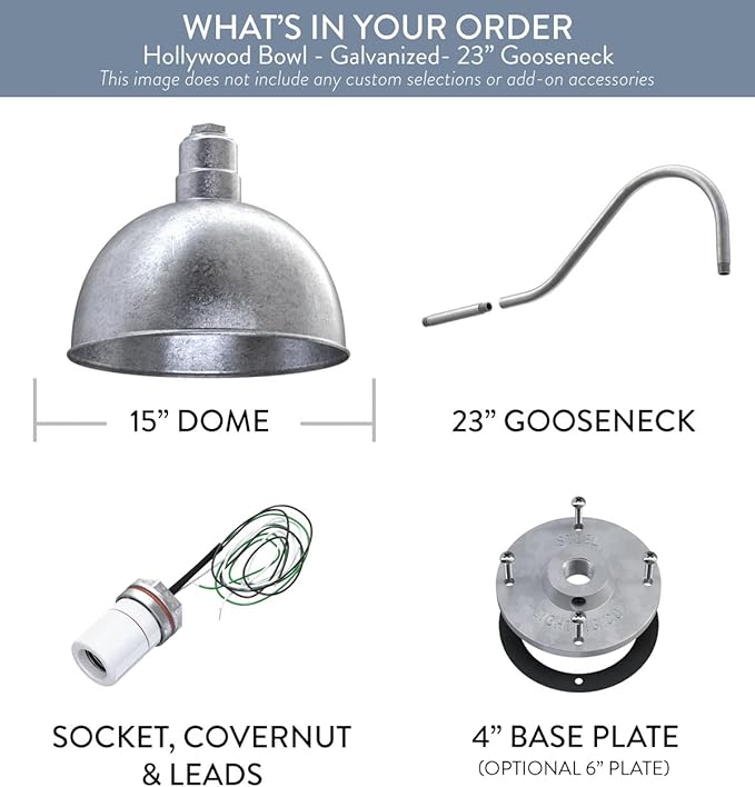 Steel Lighting Co. Hollywood Bowl Light | Outdoor Wall Mounted | 15 inch Bowl Dome | 23 inch Gooseneck | Barn Light Made in America | Galvanized Exterior/Galvanized Interior