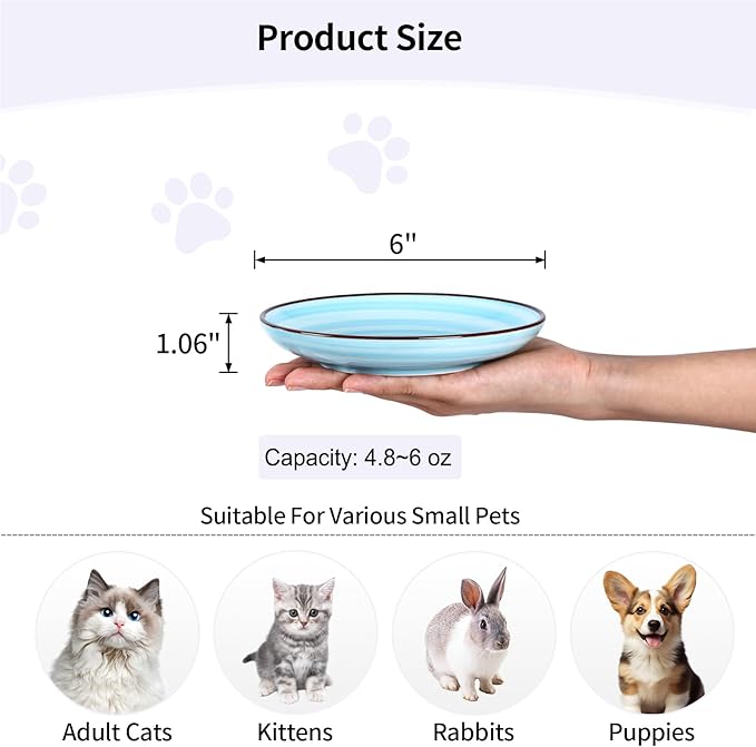 Selamica Ceramic Cat Food Bowl, 6 Inch Cat Bowls Whisker Friendly, Shallow Wide Kitten Plates for Food and Water, Set of 6, Gradient Blue