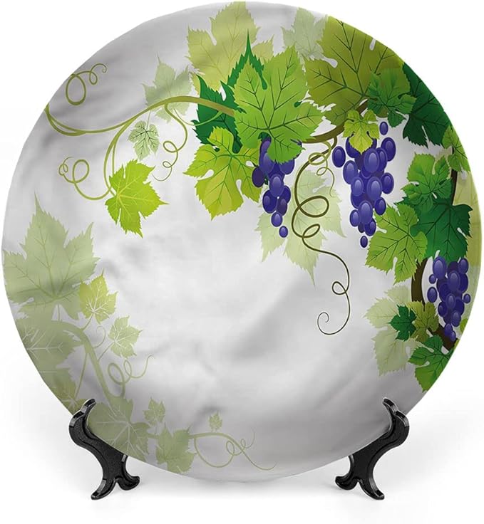 Decorative Plates, Vine Print Ornament, Grapes with Fresh Foliage, 6 Inch, 1 Plate with 1 Display Stand, Multicolor