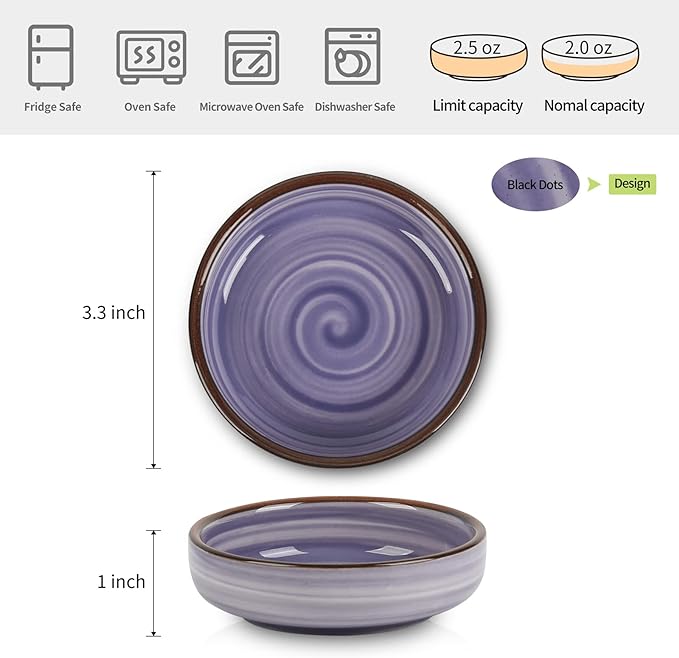 Selamica Ceramic 2.5 OZ Soy Sauce Dish Dipping Bowls Set of 6, 3.3 Inch Small Side Dish Pinch Bowls, Mini Bowls for Condiment, Ketchup, BBQ, Sushi, Gradient Blue