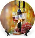 Decorative Plates, Wine Print Ornament, Tasty Wine on Wooden Barrel on Grape Plantation, 6 Inch, 1 Plate with 1 Display Stand, Orange Red Black
