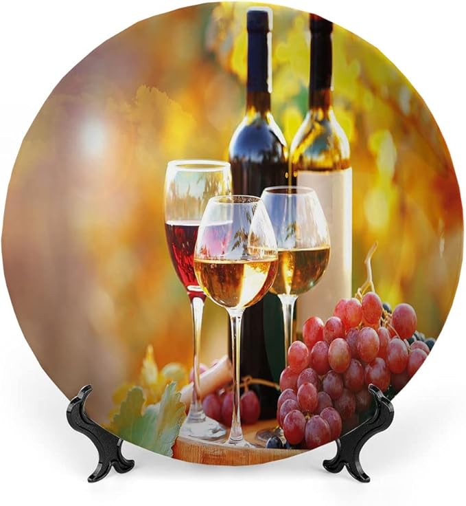 Ceramic Display Plate, Wine Ceramic Hanging Decorative Plate, Tasty Wine on Wooden Barrel on Grape Plantation, 8 Inch, Living Room Kitchen Decoration Household, Orange Red Black