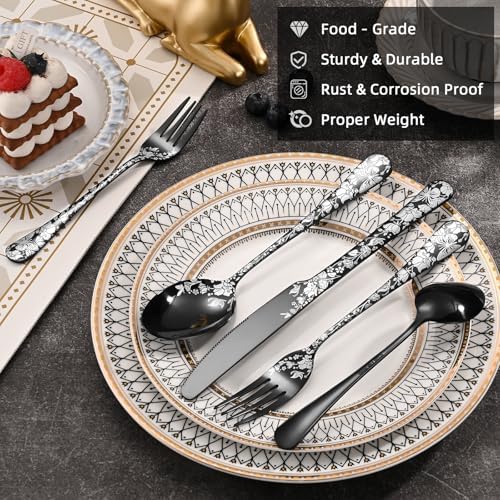 40 Piece Black Silverware Set, Stainless Steel Flatware Cutlery Set Service for 8, Mirror Polished Tableware Eating Utensils Set for Home Kitchen, Include Knife Fork Spoon Set, Dishwasher Safe - Image 6