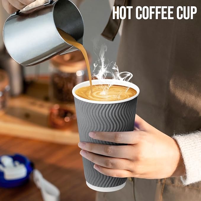 100 Pack 16 oz Coffee Cups with Lids, Disposable Insulated Hot Cups To Go Paper Coffee Cups, Corrugated Ripple Wall Cup for Hot Drink, Office, Coffee Bar (Grey 16 oz)
