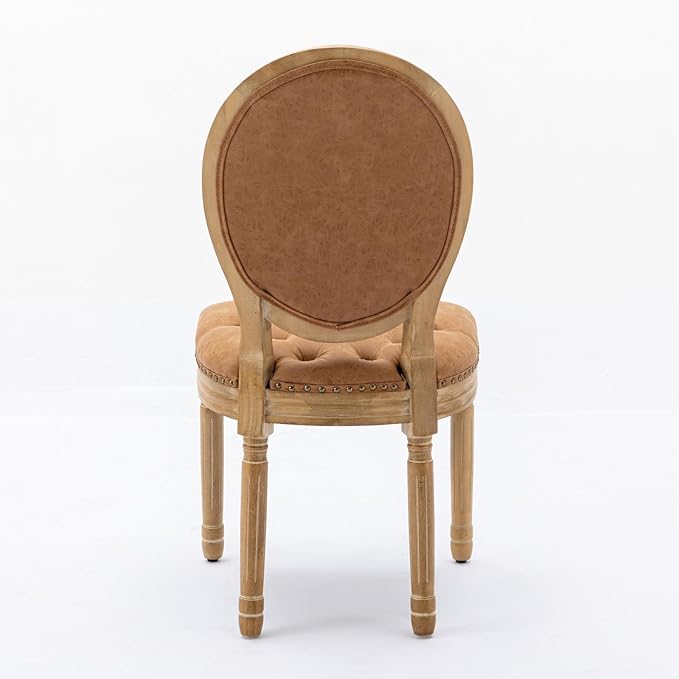 Ball & Cast French Vintage Upholstered Dining Chairs Set of 2, Button Tufted Kitchen Side-Chairs with Carved Antique Wood Frame & Nailhead Trims, PU-Leather Curved Backrest Louis Chair, PU Orange