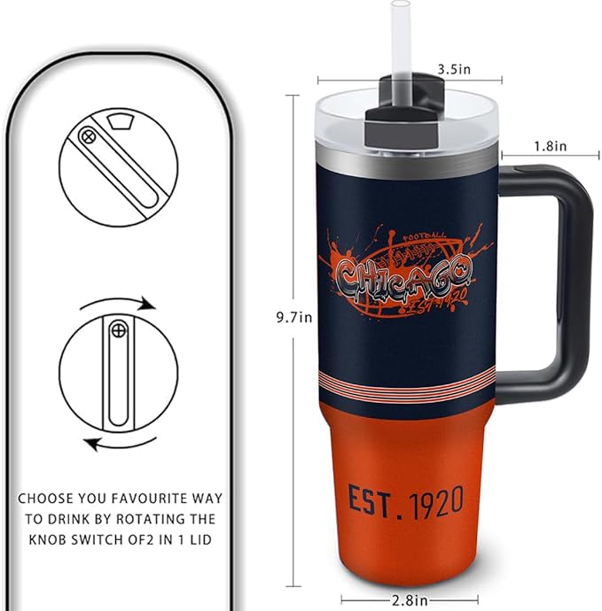 Chicago 30 oz Tumbler with Handle and Straw,Car cup,Coffee Mug,100% Leakproof Insulated Tumbler with Lid and Straw,Made of Stainless Steel,Cup Holder Friendly Base,Classic Collection Gifts for Fans