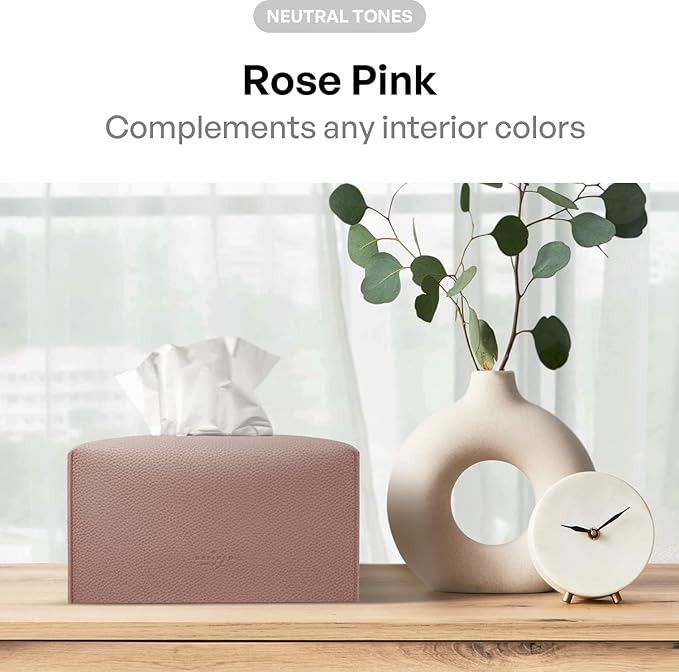 Carrotez Tissue Box Cover, [Refined] Modern PU Leather Rectangular Tissue Box Holder - Decorative Holder/Organizer for Bathroom Vanity Countertop, Night Stands, Office Desk 9.5"X5"X5" - Rose Pink