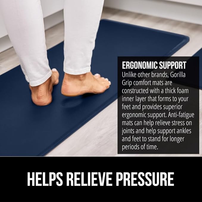 GORILLA GRIP 2 Pack Comfortable Cushioned Kitchen Mats for Floor, 17x24 + 17x48, Waterproof and Stain Resistant, 1/2 Inch Thick Soft Ergonomic Standing Desk Anti Fatigue Mat, Foam Supports Feet, Navy