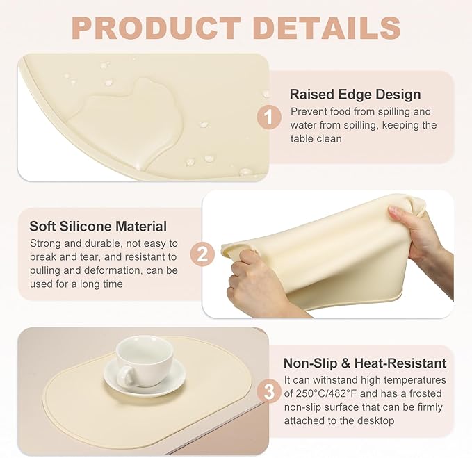 uxcell 4 Pcs Oval Silicone Placemat, 15.4" x 10.4" Non-Slip Washable Table Placemats Heat Resistant Waterproof Mat with High Edge for Table Kitchen Desk Protection, White