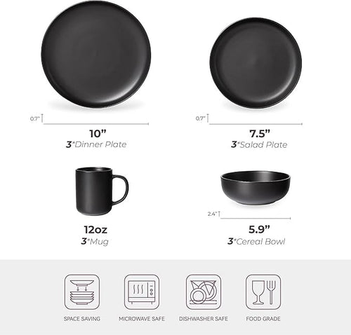 12-Piece Stoneware Dinnerware Set with Mugs | Microwave and Dishwasher Friendly | Stackable Matte Glaze Plates & Bowls | Service for 3 (Black for 3)