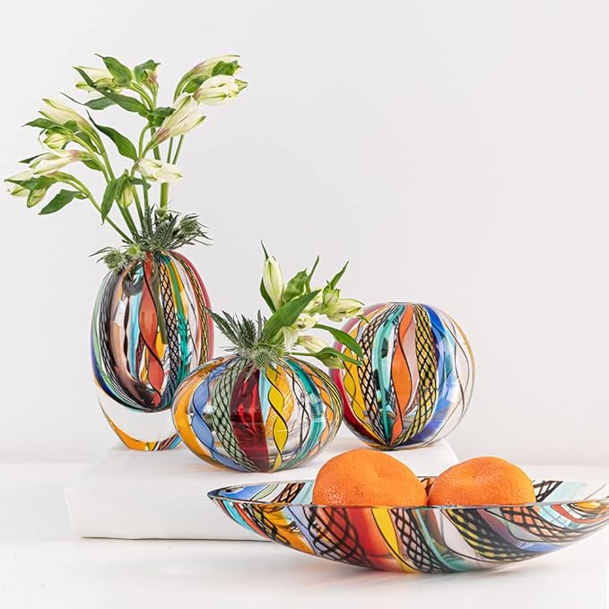 Ca D Oro Murano Style Small Decorative Bowl and Centerpiece Boho with Colored Canes Hand Blown Art Glass Crystal for Home and Room Decoration - 50 MS