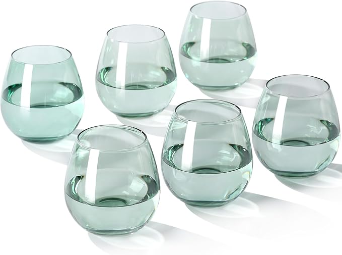 Green Stemless Wine Glasses Set of 6-15oz -Modern Hand-Blown Wine Glasses, European Design Crystal Glass For Red & White Wine, Unique Gifts for Wedding, Birthday