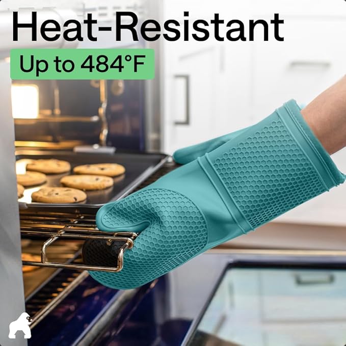 GORILLA GRIP BPA-Free Soft Silicone Oven Mitts, 14.5x8.3, Heat Resistant and Waterproof Cooking Gloves, Thick Cotton Lining, Flexible Gripping for Baking Grilling, Kitchen Potholders Set, Turquoise