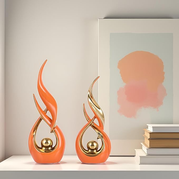 XMGZQ Gold Ceramic Abstract 2 Piece Statue Set,Mid Century Modern Abstract Art Home Decor Statue Mantelpiece on Unique Shelf Decor, TV Cabinet Divider Table top and Dining Table Centerpiece (Orange)