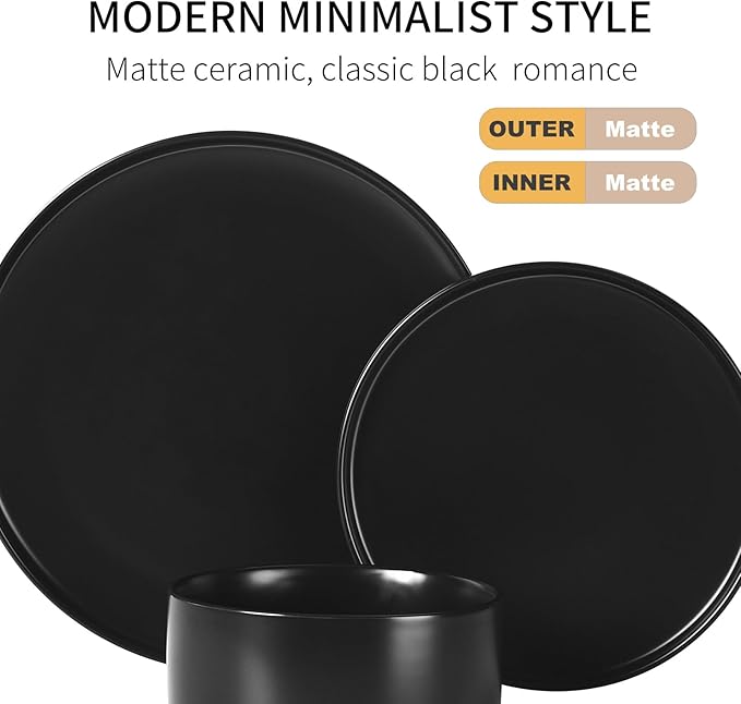 GZG Classic Series - Plates and Bowls Set for 8, 24 Piece Stoneware Dinnerware Sets, Microwave and Dishwasher Safe Lead-Free Handcrafted Ceramic Dishes Set - Matte Black