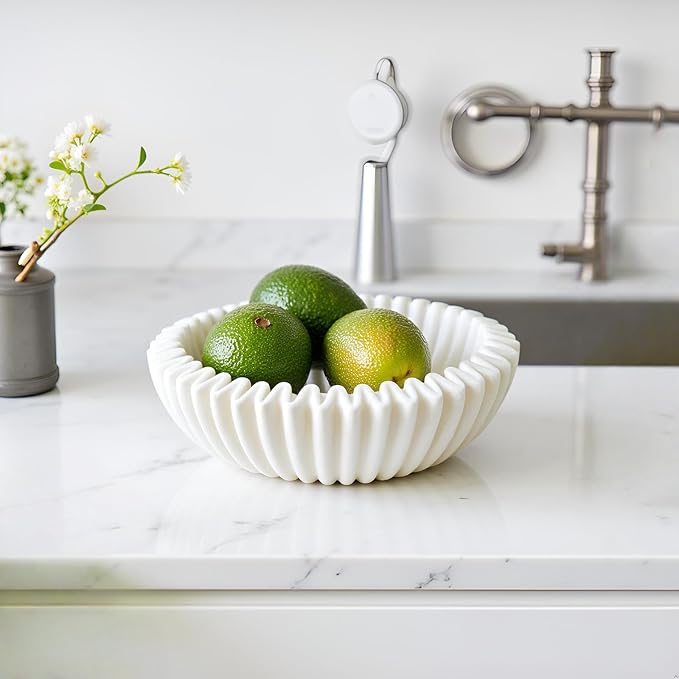 Braxio Decorative Bowl Modern Home Decor – White Ruffle Bowl Decorative Catchall for Entryway Dining Table Living Room Centerpiece Key Holder Fruit Bowl 9 x 9 x 2.6 Inch Art Deco Style