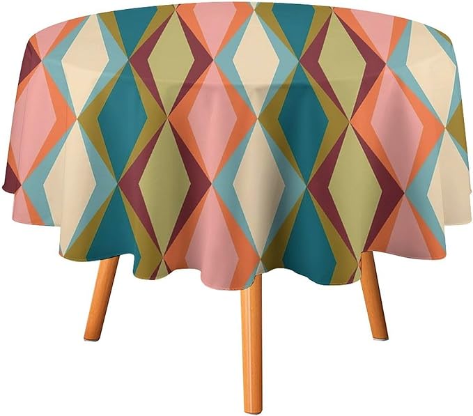 Abstract Geometric Boho Round Tablecloth, Retro Modern Mid Century Tablecloth for Home Party Dining Room Kitchen Decor 50Inch(127cm)