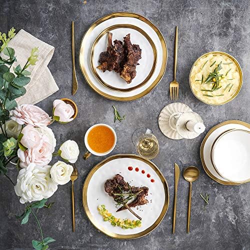 Stone Lain Modern Poreclain 16 Piece Dinnerware Set, Plates and Bowls Set, Dish set for 4, White And Golden Rim - Image 4