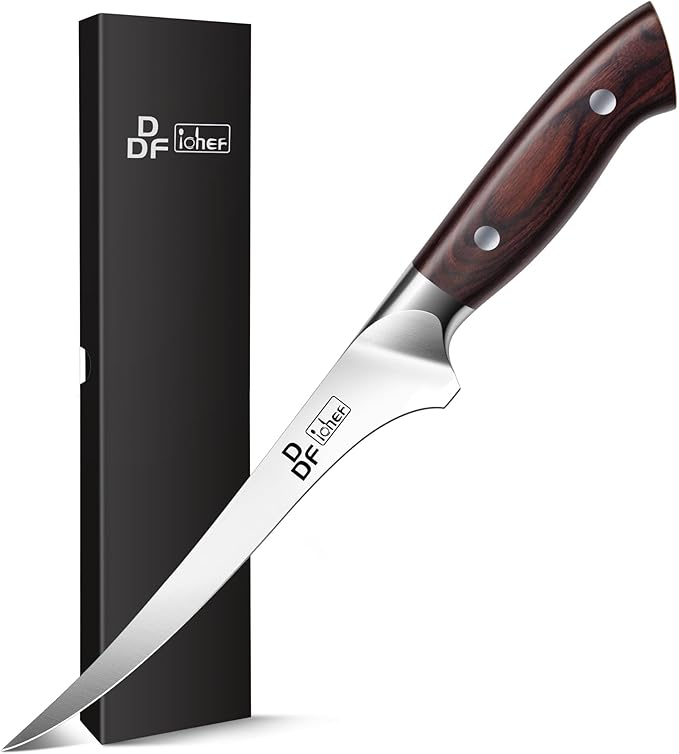DDF iohEF Fillet Knife 7 Inch Professional Boning Knife High Carbon Japanese Stainless Steel Fish Knife with Full Tang Ergonomic Handle for Meat Cutting Trimming